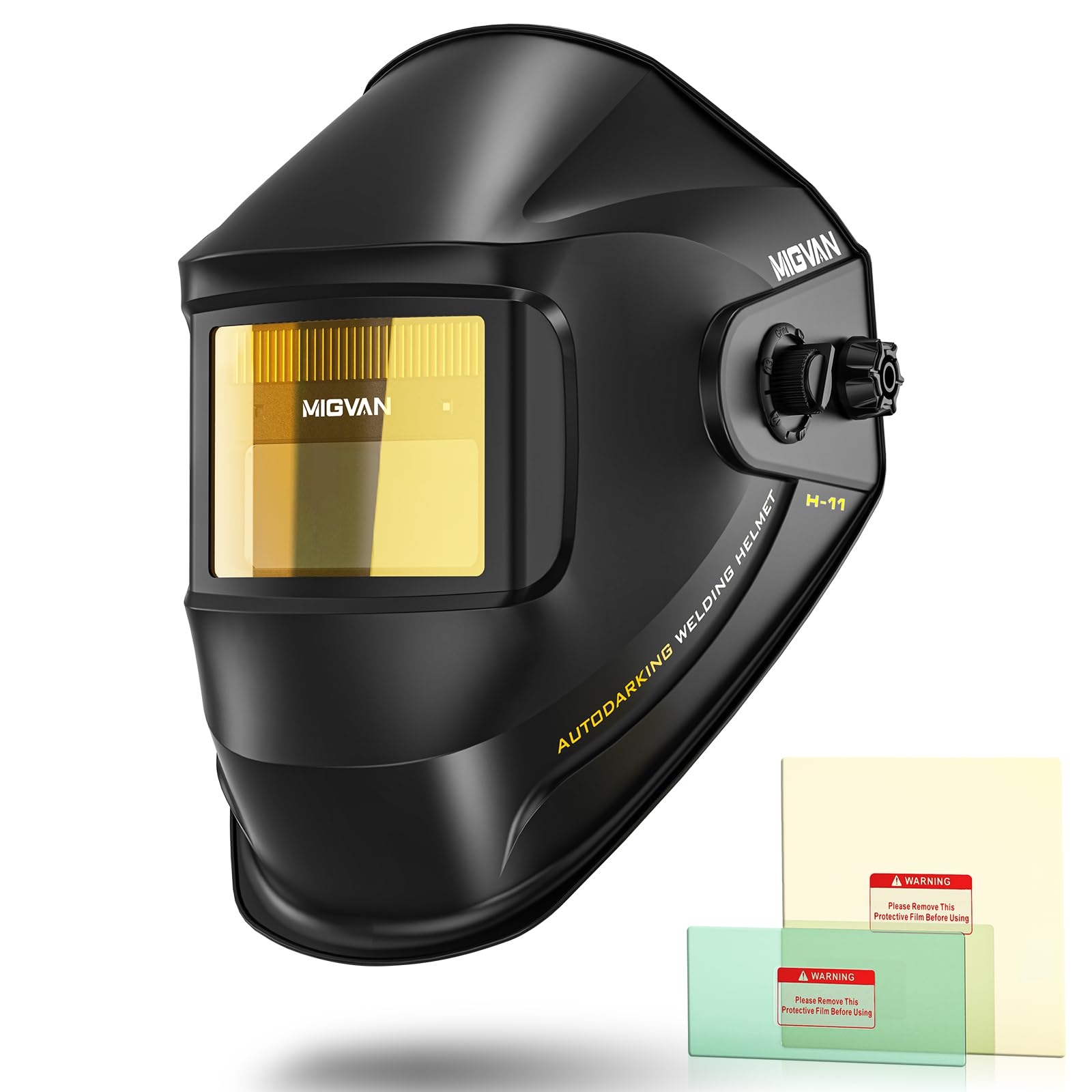 MIGVAN 溶接面 自動遮光溶接面 本当の色を映す広い視界 明るい液晶画面 ヘッドギア装備 0.0003秒超高速自動遮光 溶接マスク 軽量耐用設計 軽くて使いやすい ソーラーパワー充電式 電池交換可能 電池式 溶接ヘルメット アーク溶接面 遮光度4/9-13 MIG TIG ARC 研磨 プラズマ切断に溶接対応 H-11