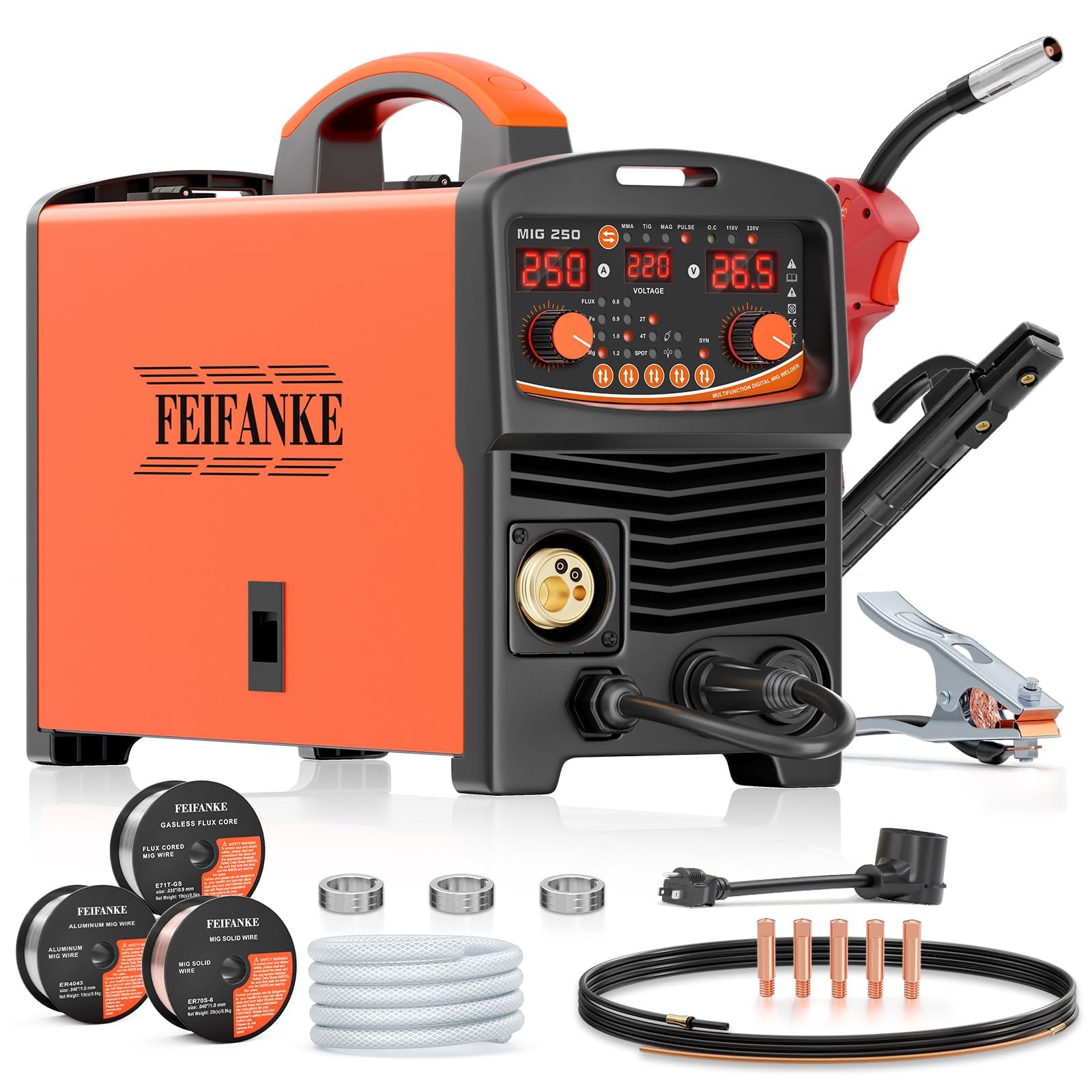 FEIFANKE 溶接機 250A アルミ溶接機 110V 220V兼用 多機能半自動溶接機 1台6役 シナジック制御 ガスMIG/ガスレス フラックスコアMIG/シングルパルスMIG/リフトTIG/スティック/2T/4Tスポット/アルミ溶接機 インバーター搭載 ステンレス、銅、アルミ等対応 家庭・業務両用溶接機 初心者向け MIG-250